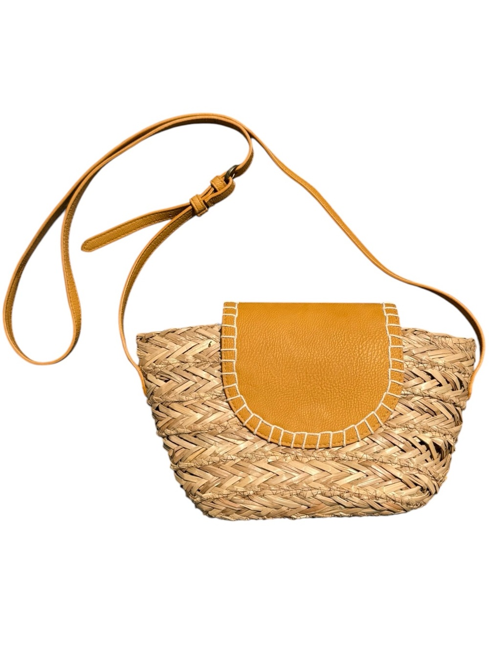 Woven Straw Crossbody Bag with Mustard Leather Flap